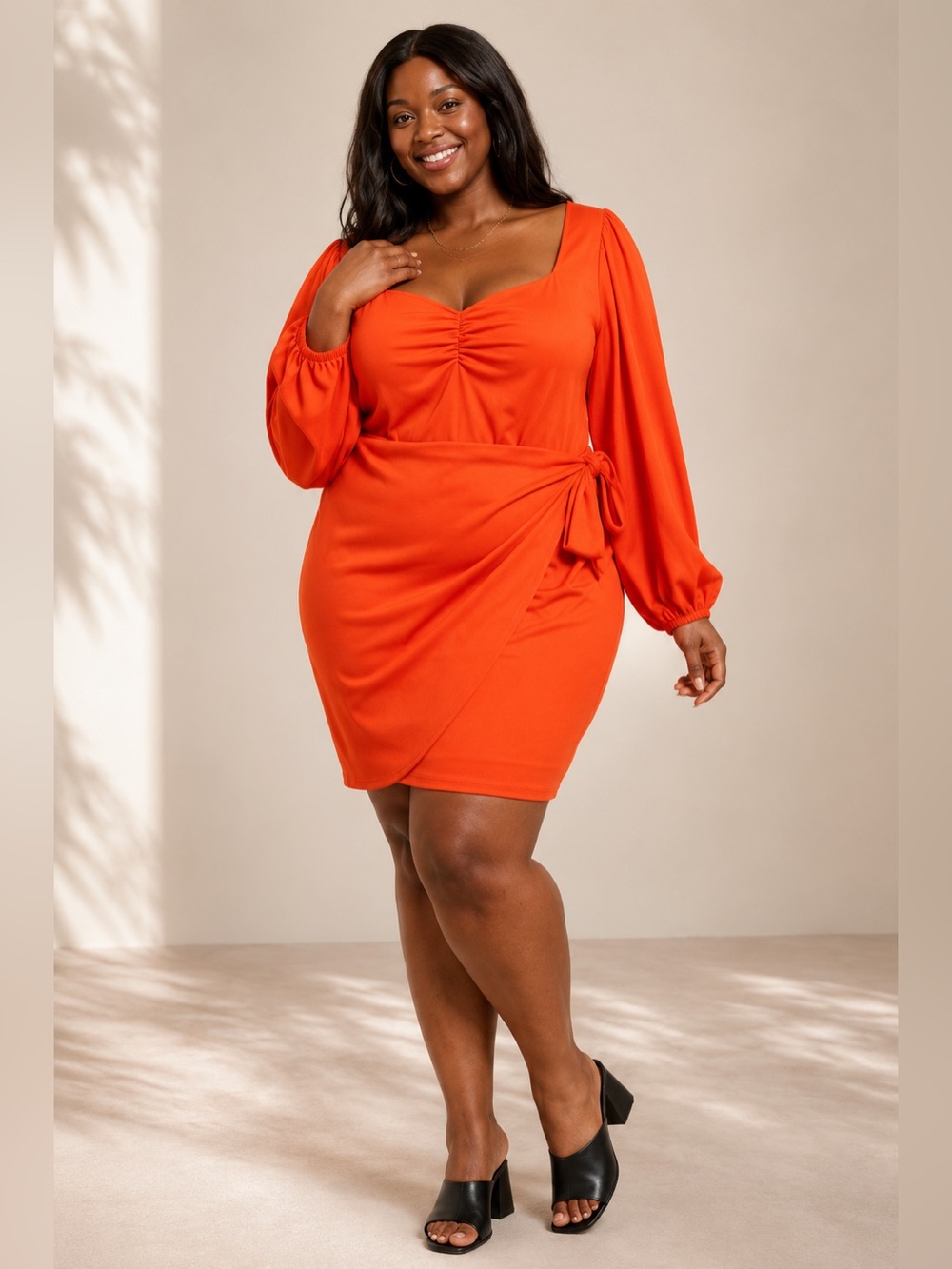 Ava & Viv Balloon Sleeve Ruched Faux Wrap Mini Dress Orange Red 1X